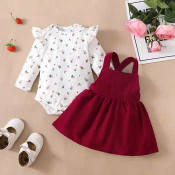 2 шт., боди с длинными рукавами и рюшами для новорожденных + красная юбка на бретельках для наряда на день рождения для девочки 0-18 месяцев