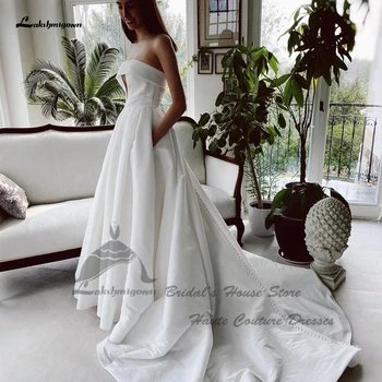 Lakshmigown Простое атласное свадебное платье трапециевидной формы с карманами 2023 г. Элегантное свадебное платье с длинными рукавами для новобрачных с открытыми плечами