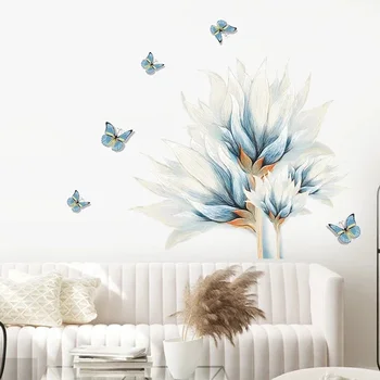 Акварельные синие наклейки с цветами и бабочками на стену для гостиной, спальни, наклейки на стены, наклейки для гардероба, съемный плакат из ПВХ