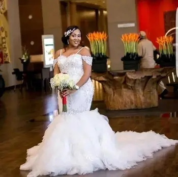 Африканские свадебные платья больших размеров на тонких бретельках С кружевными аппликациями, расшитыми бисером, свадебное платье Русалки с многоуровневым тюлем, длинное