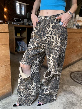 Женские рваные джинсовые брюки с леопардовым принтом, повседневные джинсы оверсайз с высокой талией и молнией, широкие брюки, осенняя новая уличная одежда, длинные брюки