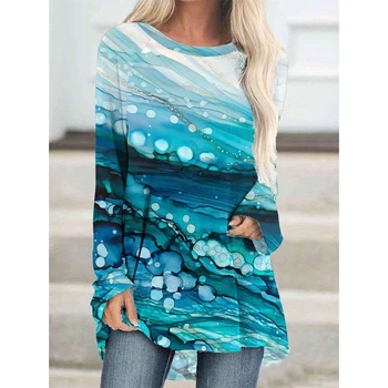 Женские рубашки CLOOCL с акварельным принтом в виде озерной воды, круглая горловина, свободная повседневная футболка, всесезонная одежда, футболка с длинным рукавом