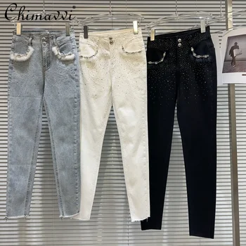 Женские элегантные джинсовые брюки 2023, Новая зимняя мода, светская львица, Пушистый карман, горный хрусталь, облегающие бархатные брюки-карандаш, женские джинсы