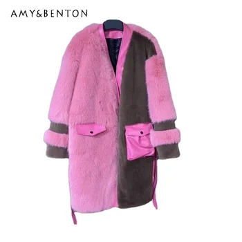 Женское пальто из искусственного меха с длинным рукавом из европейской норки и лисы, универсальное Теплое Длинное повседневное пальто, зимний утепленный кардиган, верхняя одежда из искусственного меха