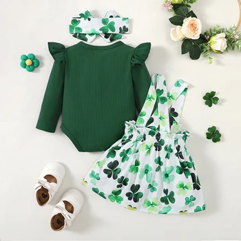 Комплект одежды из 3 предметов для маленькой девочки, зеленый комбинезон, юбка на подтяжках с принтом трилистника и повязкой на голову, одежда