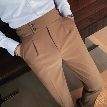 Мужские костюмные брюки цвета Хаки с регулируемой пряжкой, приталенный крой, Неаполь, однотонные мужские брюки, прямые брюки для бизнеса/свадьбы Wea