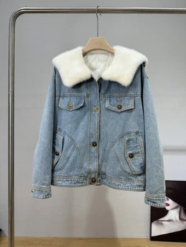 Новая зимняя женская куртка на гусином пуху, джинсовая куртка, верхняя одежда с воротником из натурального меха норки, роскошные женские пальто