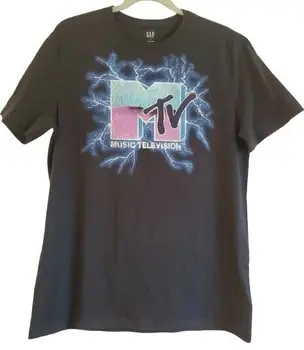 Новая мужская футболка из черного хлопка с логотипом MTV Lightning Strike для музыкального телевидения среднего размера