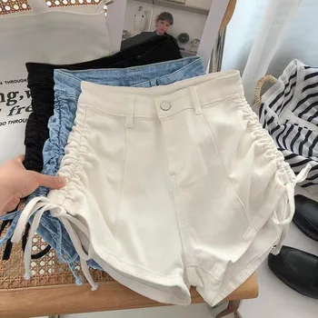 Новые летние шорты с завязками сбоку для девочек, Корейские эластичные шорты с высокой талией, однотонные эластичные Детские джинсовые короткие штаны