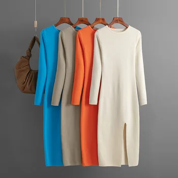 Раздельные платья-пуловеры длиной макси-МИДИ длиной до колен, приталенный дизайн, Длинное трикотажное женское облегающее платье, осень