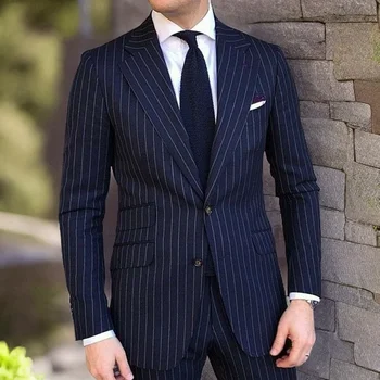 Темно-синий мужской костюм Slim Fit, комплект из 2 предметов для официальной свадьбы, смокинг жениха, деловой мужской костюм для выпускного вечера с зубчатым лацканом